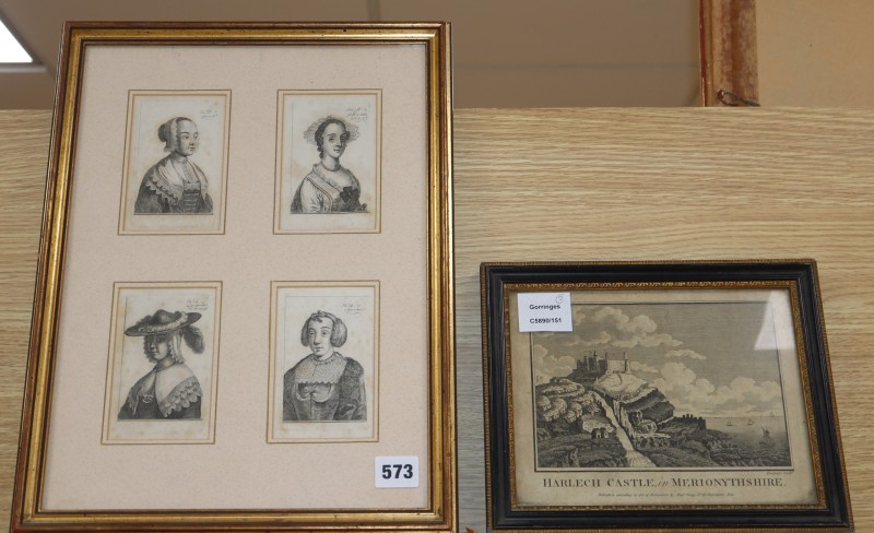 Four 17th century Dutch School engravings, portraits of ladies, 11 x 7.5cm and an engraving of Harlech Castle, 16 x 21cm